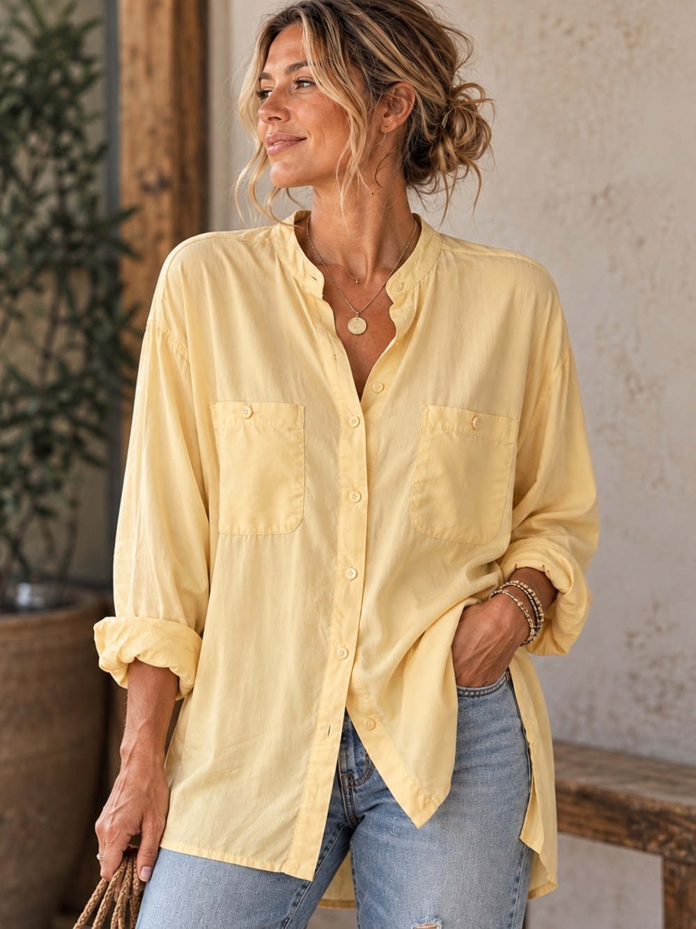 Vintage 100% Silk Butter Yellow Oversized Button Front Shirt